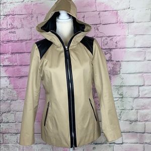 Mackage beige trench zip coat leather trim hood M